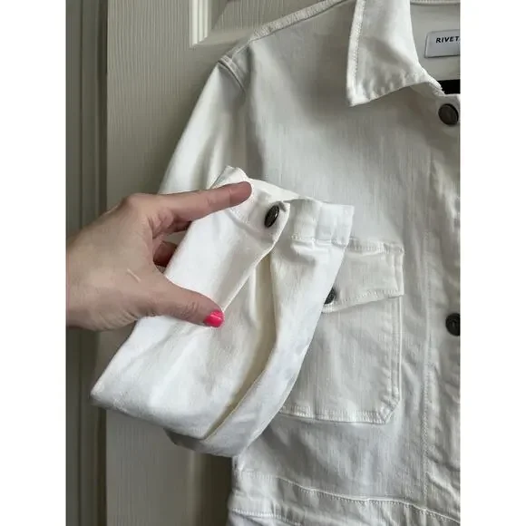 RIVET UTILITY Powerhouse White Stretch Denim Long Sleeve Jumpsuit Sz M $425 - Picture 4 of 15